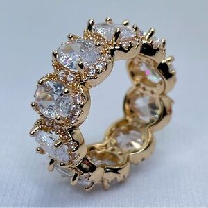 Gold Diamond White CZ Eternity Band Oval Halo Ring Bold Statement Wedding Stack